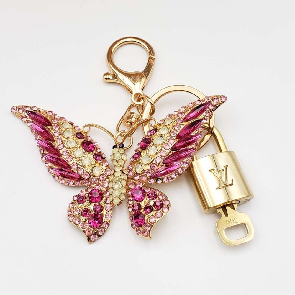 LV Authentic Gold Padlock 🔒 Key Set w/ Unbranded Butterfly Keychain Charm